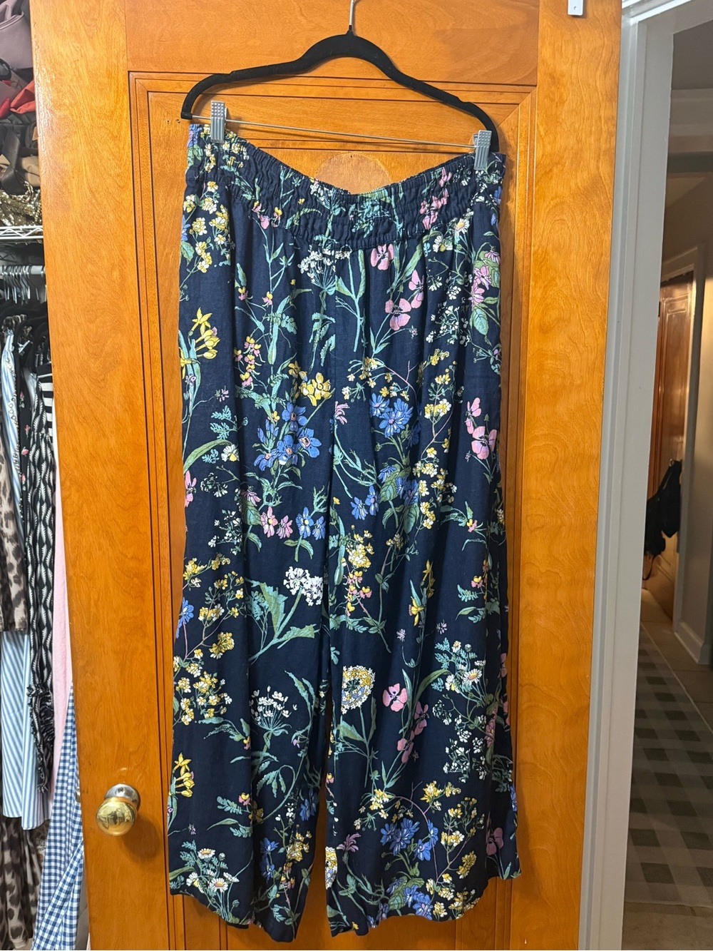 Anthropologie Somerset Navy Floral Linen Wide Leg Pants with Pink & Yellow
